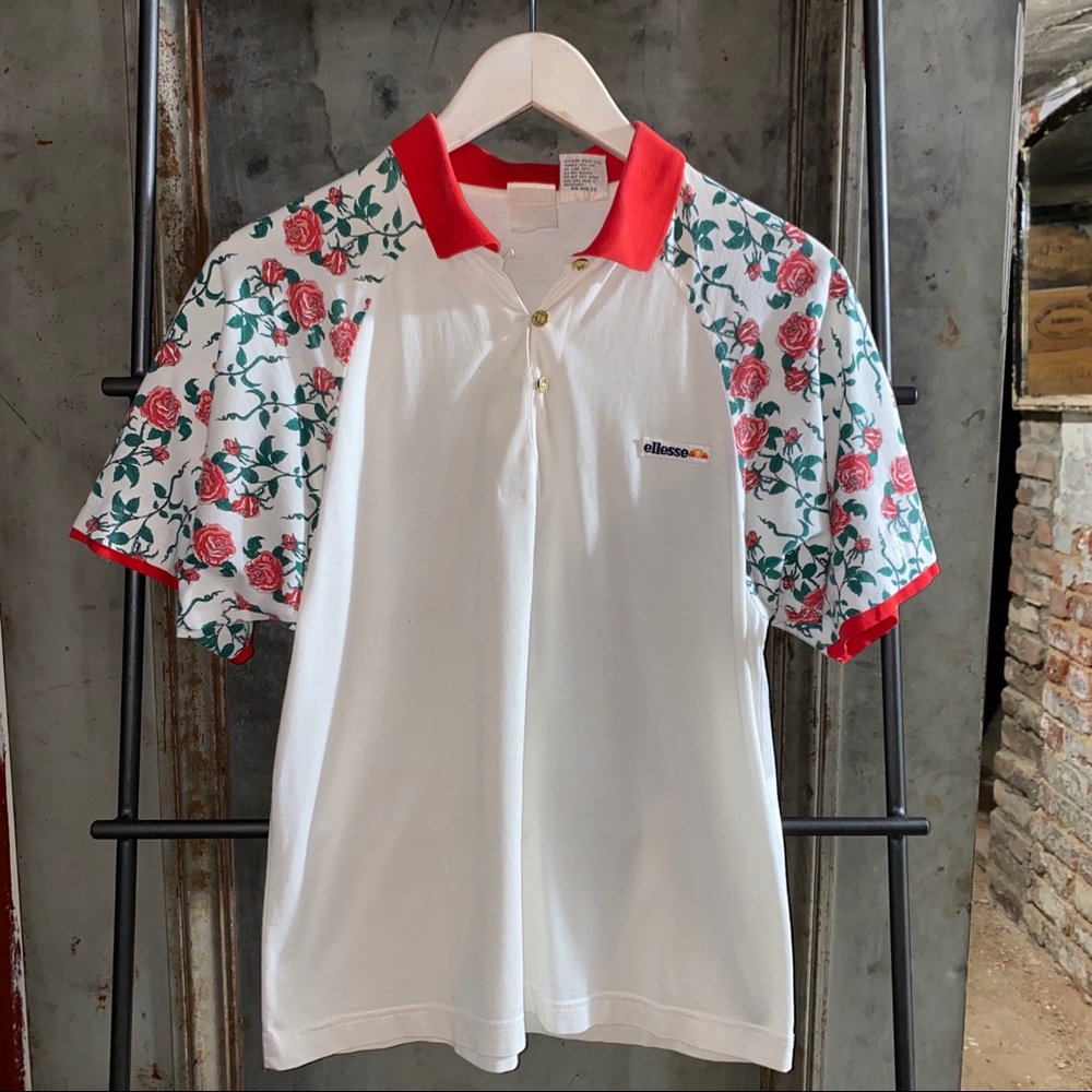 Ellesse Vintage Roses Red White Cotton Polo Shirt